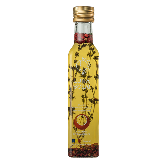 Ulei de Floarea Soarelui presat la rece cu piper, ardei iute și cimbru, Luna Solai, 250 ml