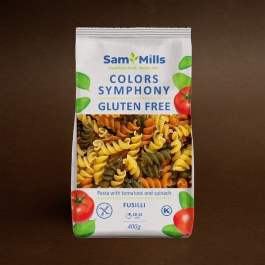Fusilli Tricolor cu Roșii și Spanac, Fără Gluten, Sam Mills, 400g